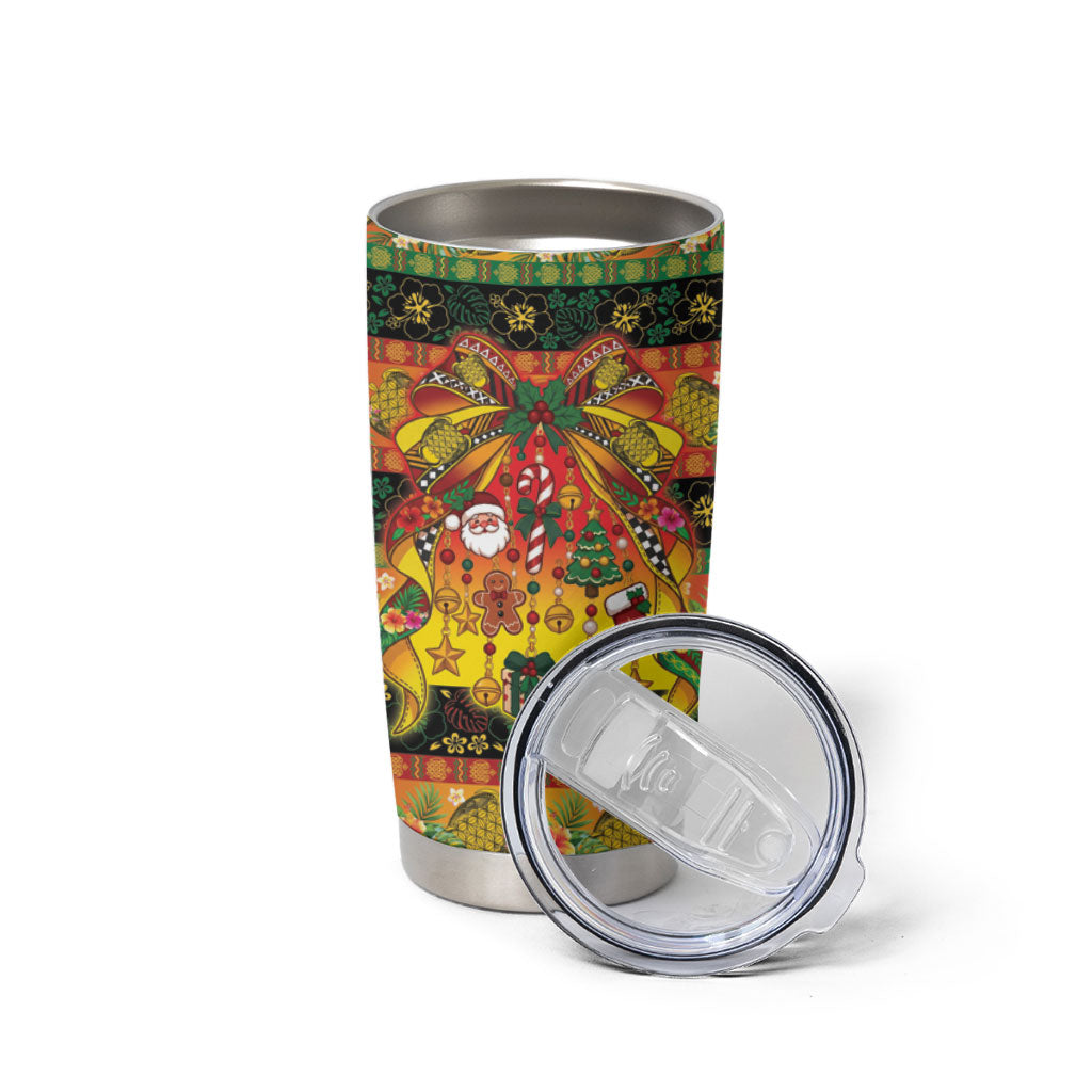 Vanuatu Sand Drawing Christmas Bow Tumbler Cup Meri Krismas Hibiscus Turtle