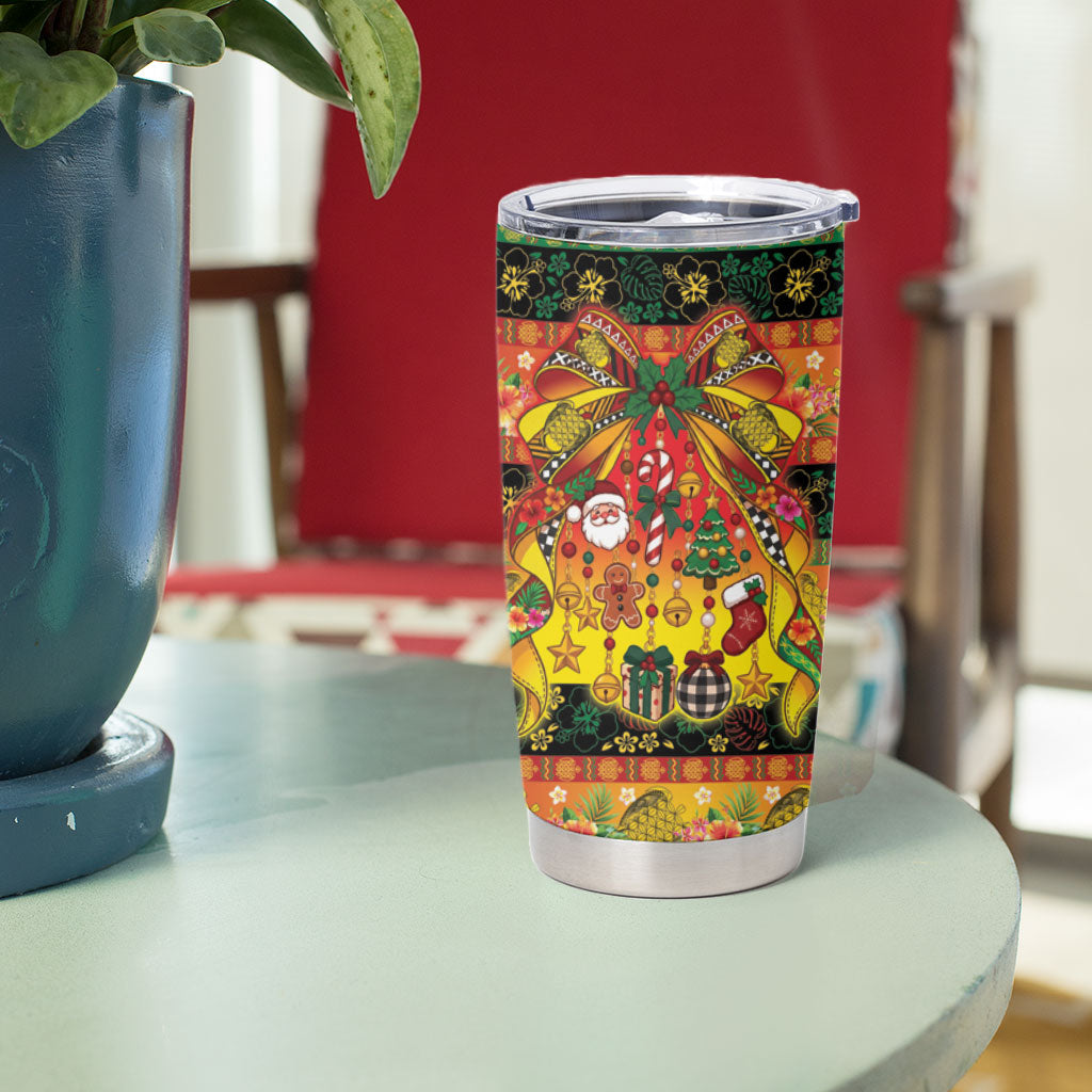 Vanuatu Sand Drawing Christmas Bow Tumbler Cup Meri Krismas Hibiscus Turtle