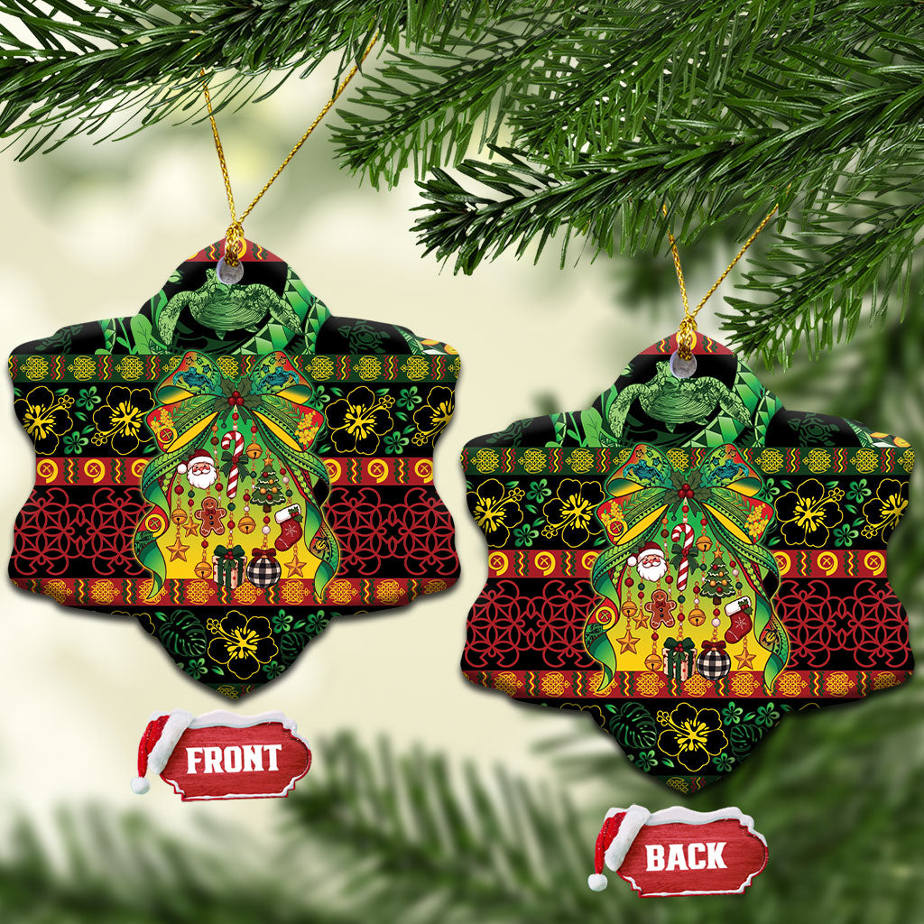 Vanuatu Turtle Floral Christmas Bow Ceramic Ornament Meri Krismas