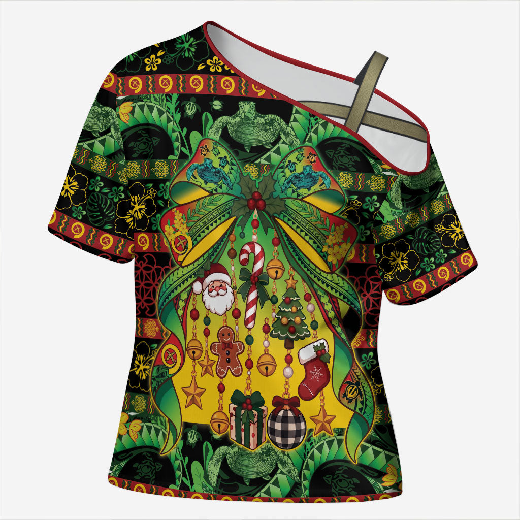 Vanuatu Turtle Floral Christmas Bow Cross Shoulder Shirt Meri Krismas