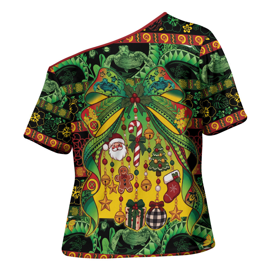 Vanuatu Turtle Floral Christmas Bow Cross Shoulder Shirt Meri Krismas