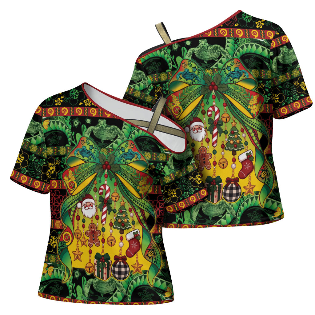 Vanuatu Turtle Floral Christmas Bow Cross Shoulder Shirt Meri Krismas