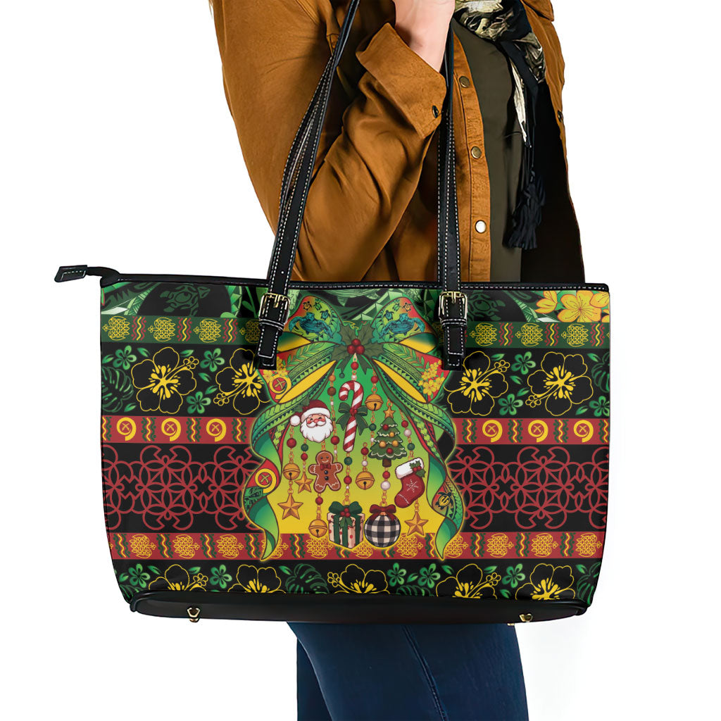 Vanuatu Turtle Floral Christmas Bow Leather Tote Bag Meri Krismas LT9 - Polynesian Pride