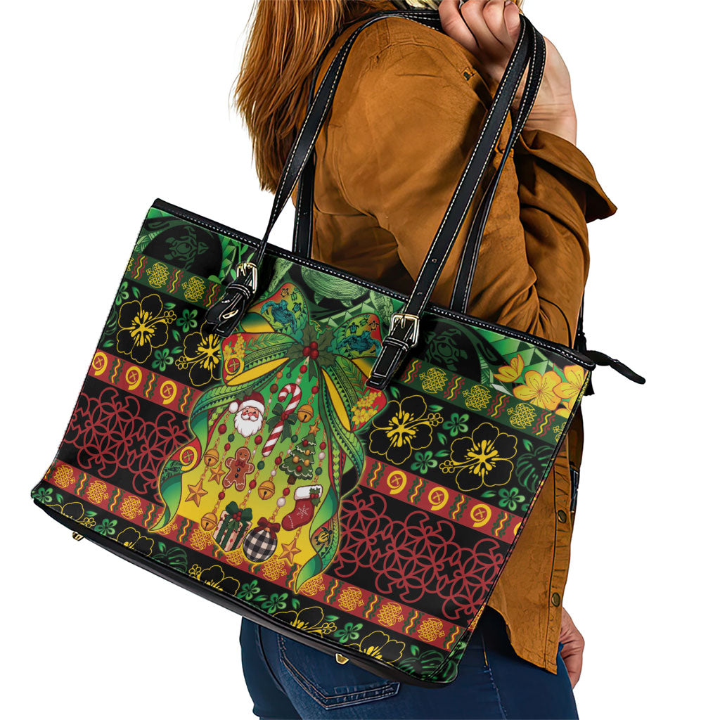 Vanuatu Turtle Floral Christmas Bow Leather Tote Bag Meri Krismas LT9 - Polynesian Pride