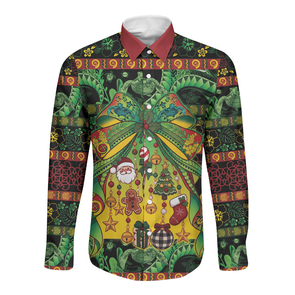 Vanuatu Turtle Floral Christmas Bow Long Sleeve Button Shirt Meri Krismas