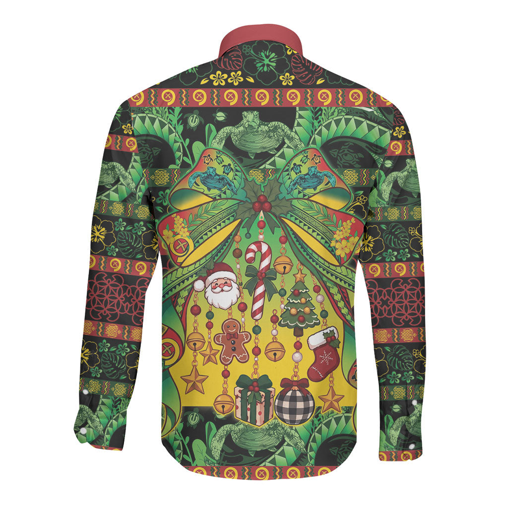 Vanuatu Turtle Floral Christmas Bow Long Sleeve Button Shirt Meri Krismas