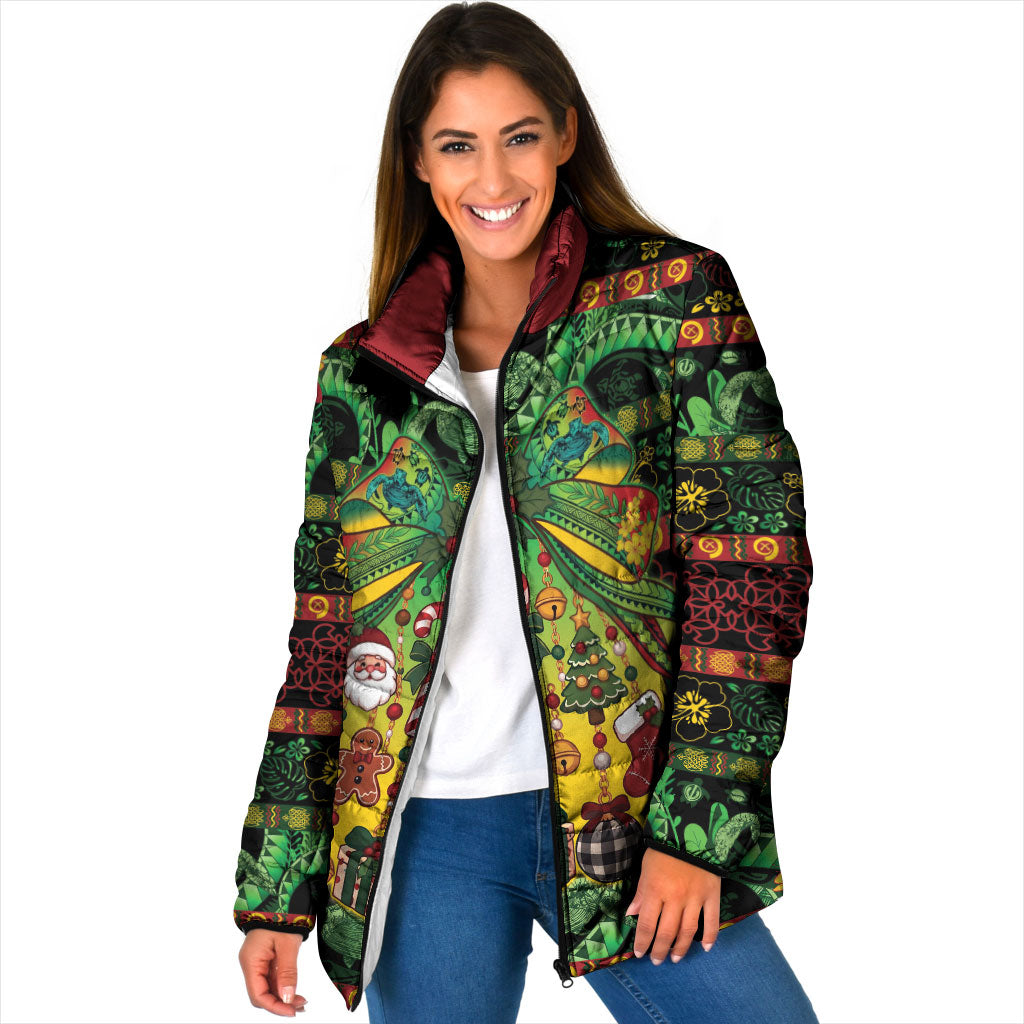 Vanuatu Turtle Floral Christmas Bow Padded Jacket Meri Krismas