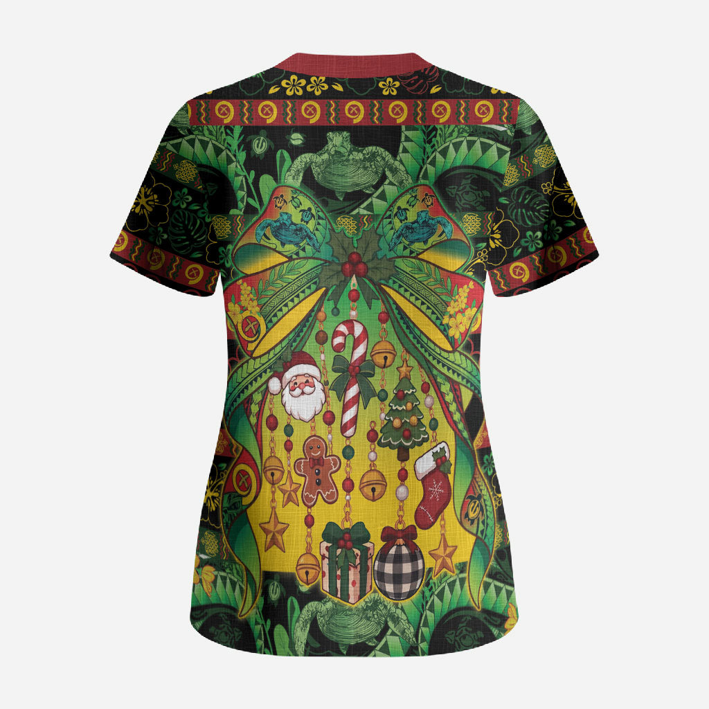 Vanuatu Turtle Floral Christmas Bow Scrub Top Meri Krismas LT9 - Polynesian Pride