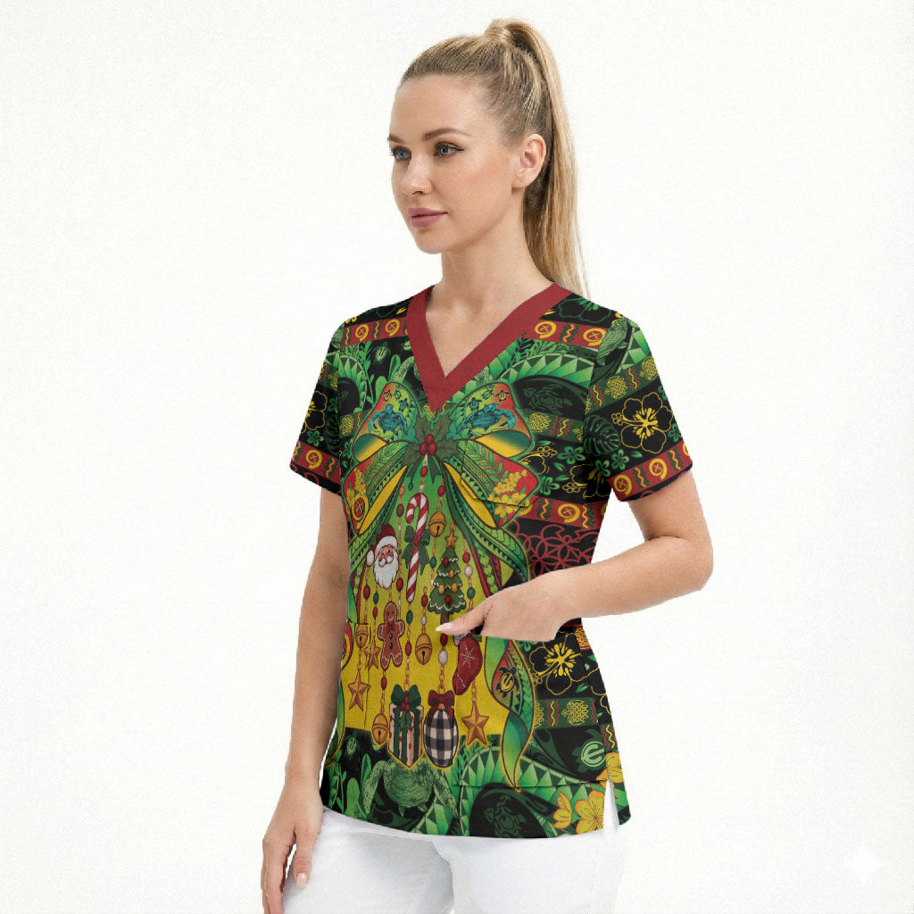 Vanuatu Turtle Floral Christmas Bow Scrub Top Meri Krismas LT9 - Polynesian Pride
