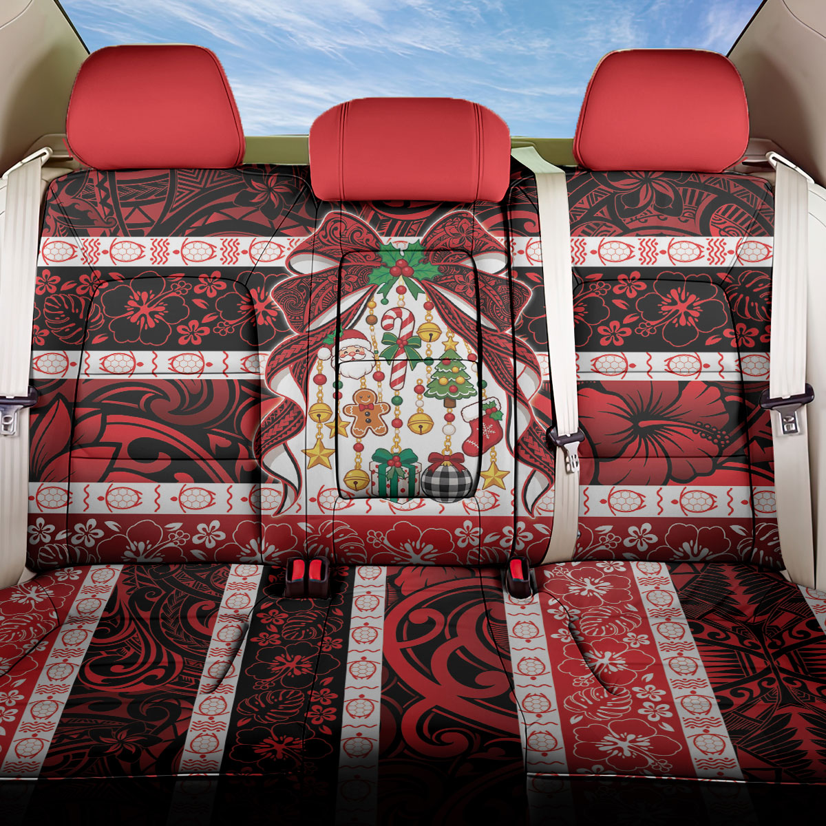Polynesian Hibiscus Tribal Christmas Bow Back Car Seat Cover