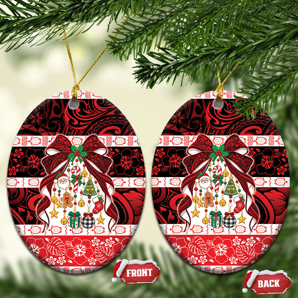 Polynesian Hibiscus Tribal Christmas Bow Ceramic Ornament