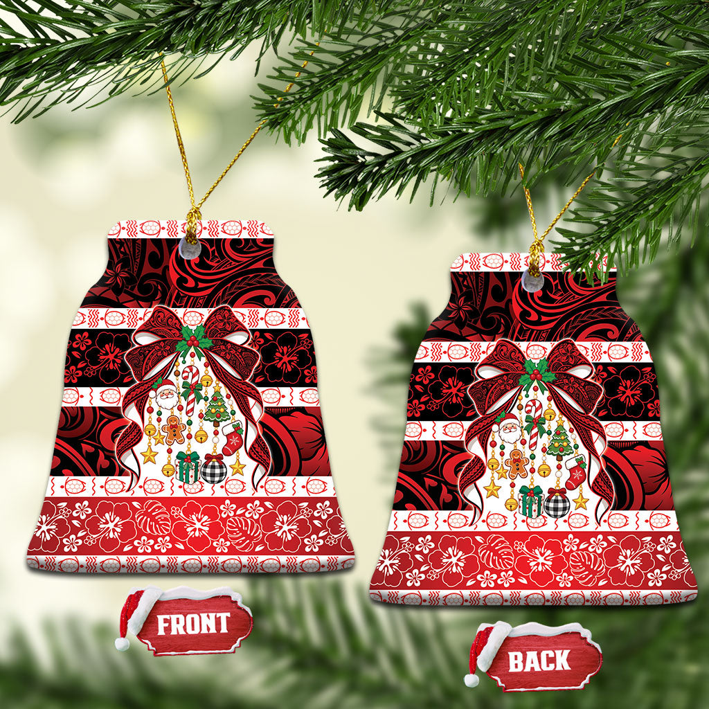 Polynesian Hibiscus Tribal Christmas Bow Ceramic Ornament