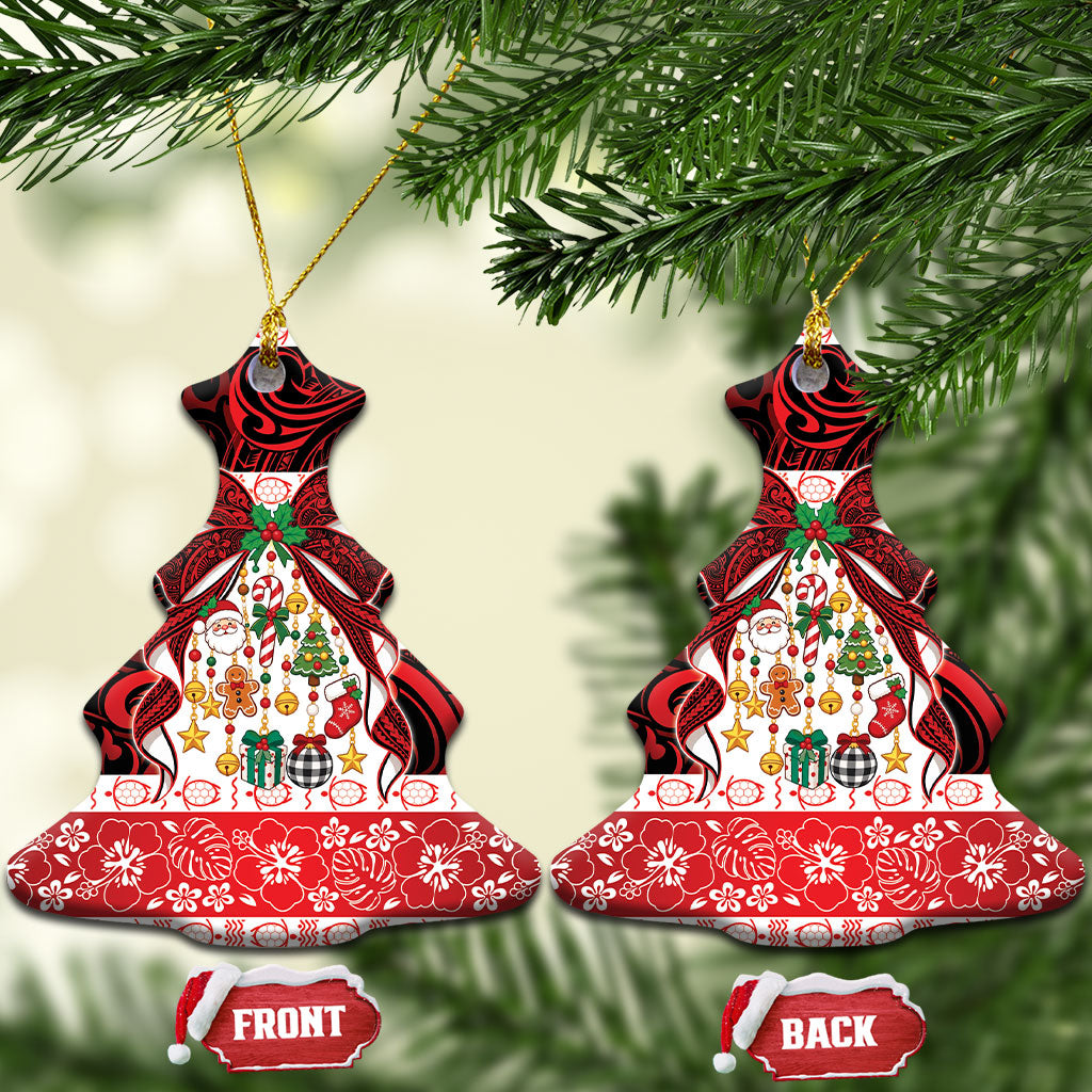 Polynesian Hibiscus Tribal Christmas Bow Ceramic Ornament