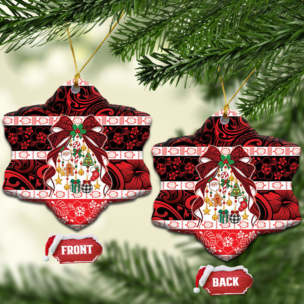 Polynesian Hibiscus Tribal Christmas Bow Ceramic Ornament