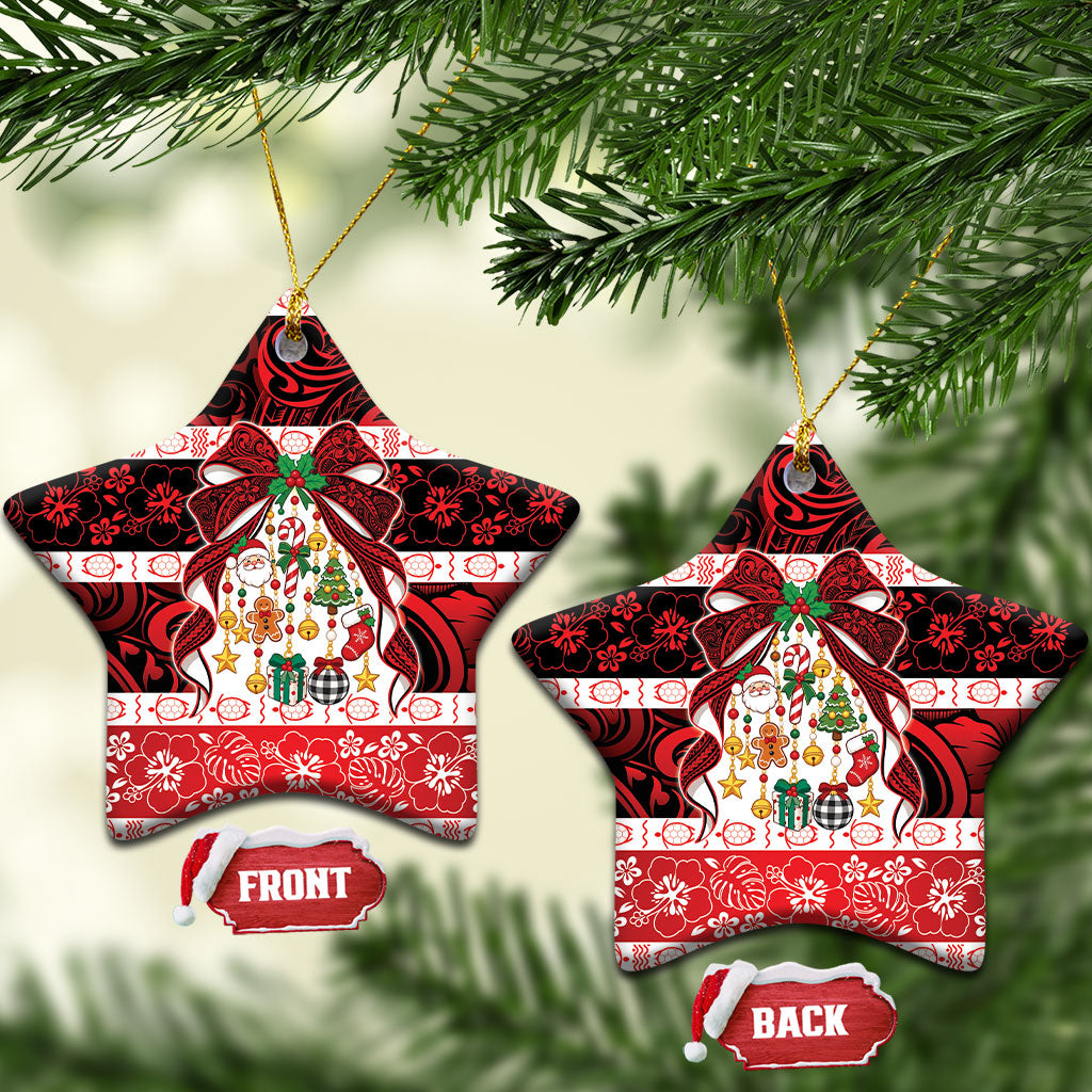 Polynesian Hibiscus Tribal Christmas Bow Ceramic Ornament