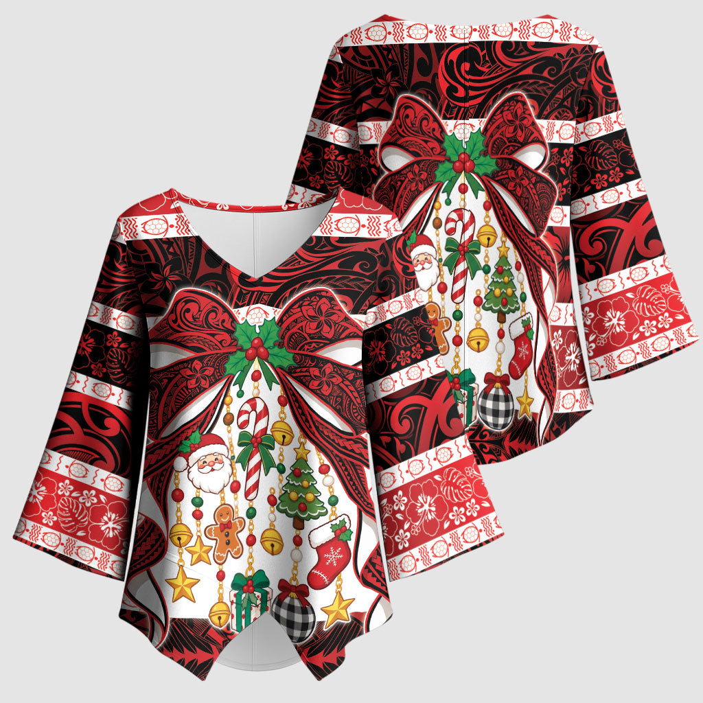 Polynesian Hibiscus Tribal Christmas Bow Kimono Sleeve Blouse LT9 - Polynesian Pride