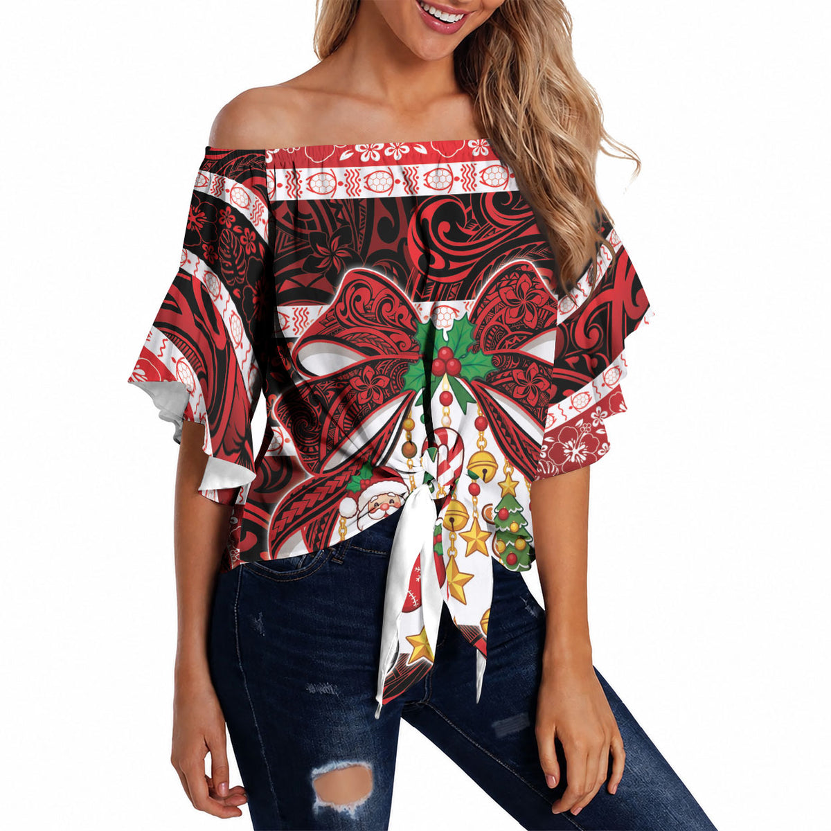Polynesian Hibiscus Tribal Christmas Bow Off Shoulder Wrap Waist Top