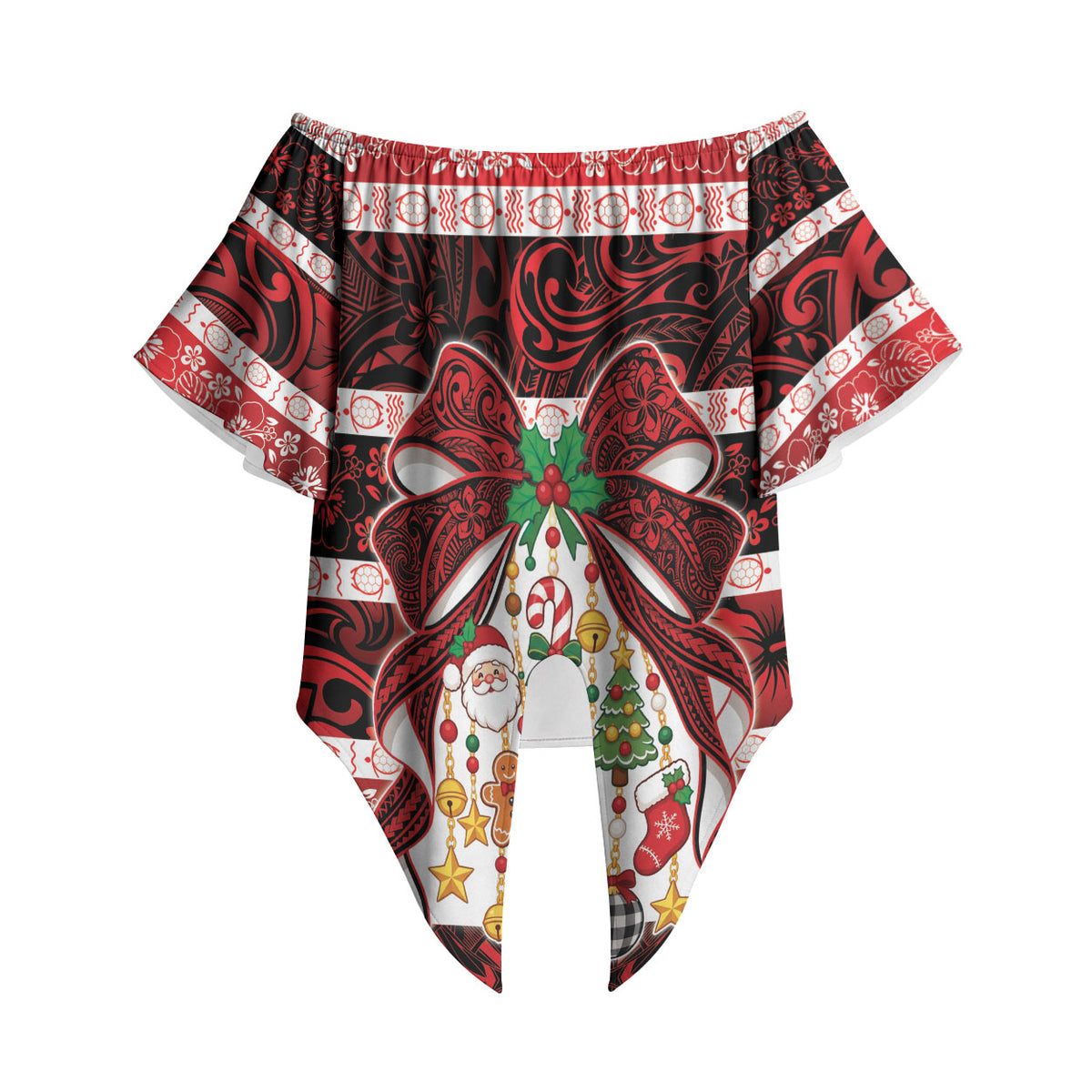 Polynesian Hibiscus Tribal Christmas Bow Off Shoulder Wrap Waist Top