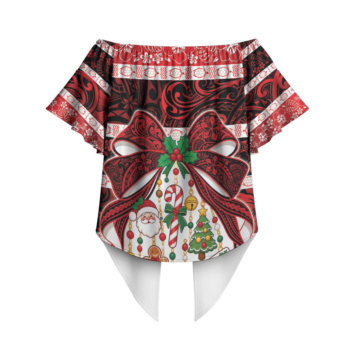Polynesian Hibiscus Tribal Christmas Bow Off Shoulder Wrap Waist Top