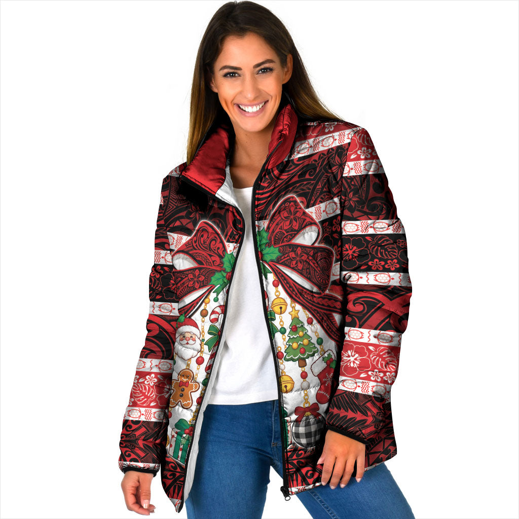 Polynesian Hibiscus Tribal Christmas Bow Padded Jacket