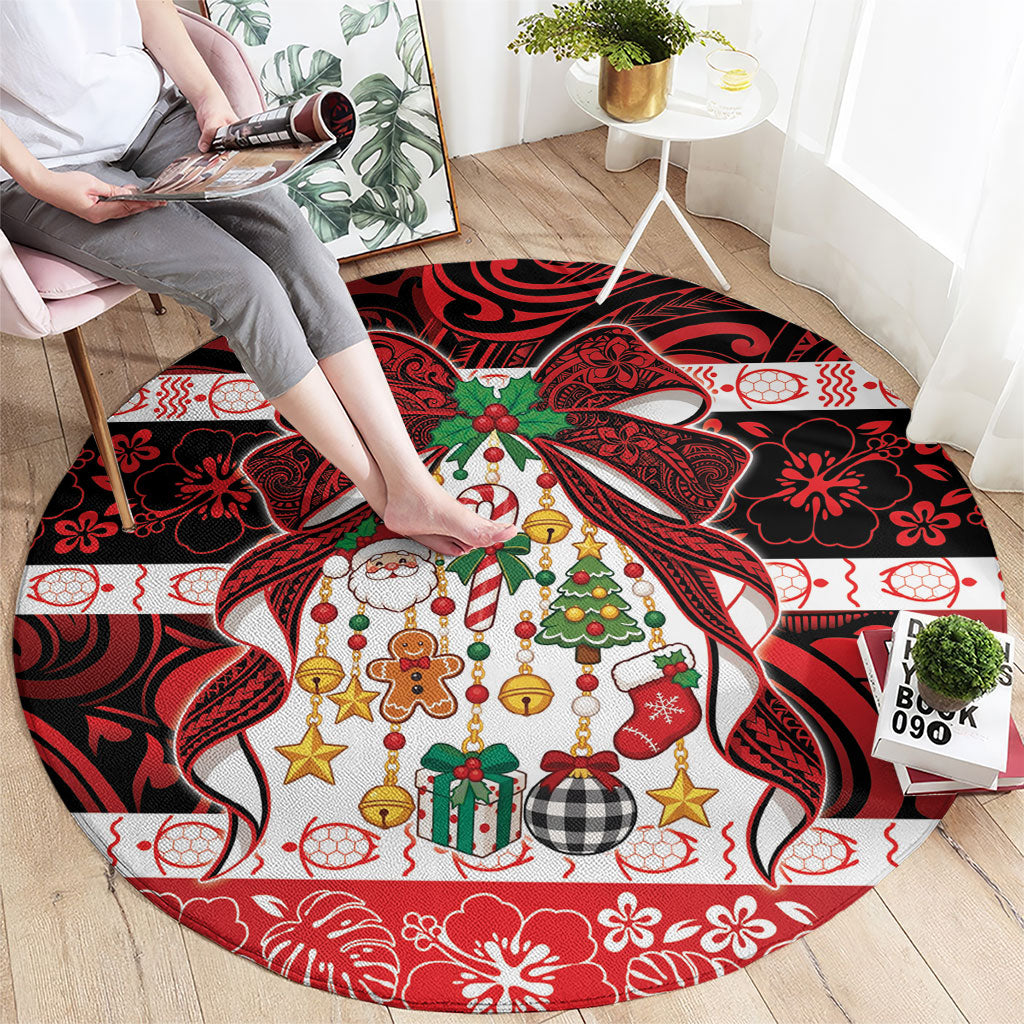 Polynesian Hibiscus Tribal Christmas Bow Round Carpet