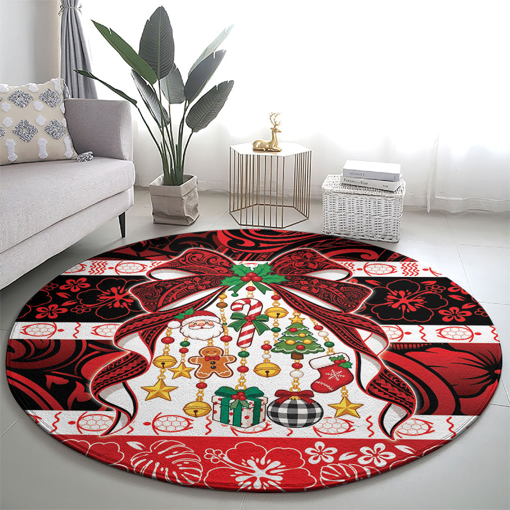 Polynesian Hibiscus Tribal Christmas Bow Round Carpet