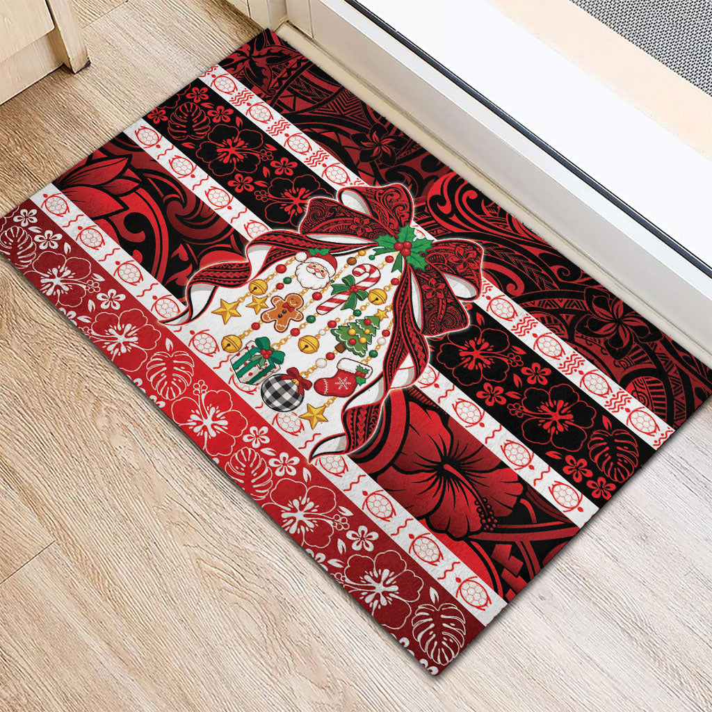 Polynesian Hibiscus Tribal Christmas Bow Rubber Doormat