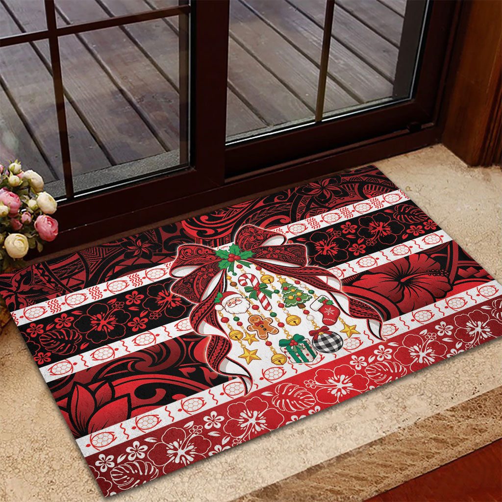 Polynesian Hibiscus Tribal Christmas Bow Rubber Doormat