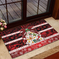 Polynesian Hibiscus Tribal Christmas Bow Rubber Doormat