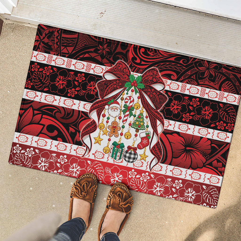 Polynesian Hibiscus Tribal Christmas Bow Rubber Doormat