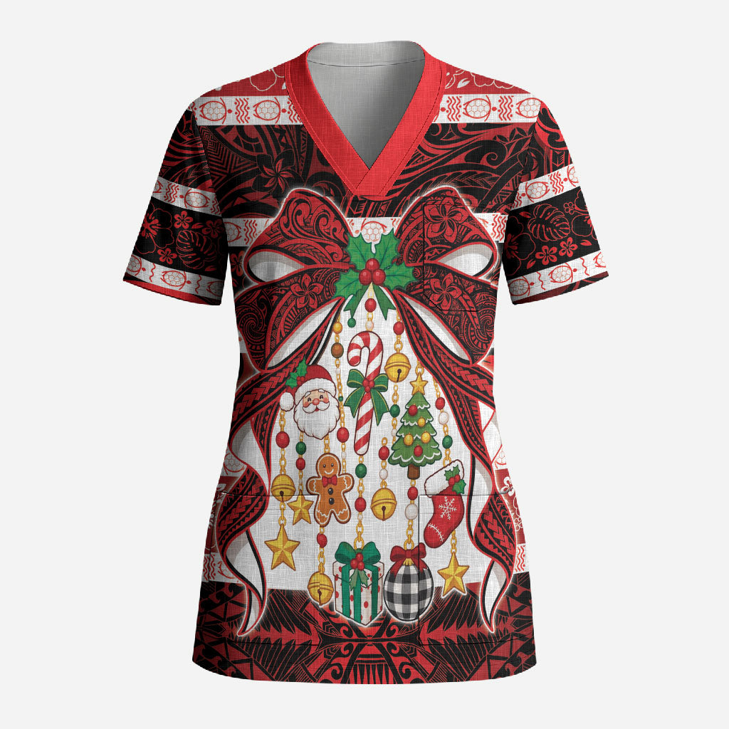 Polynesian Hibiscus Tribal Christmas Bow Scrub Top LT9 Adult Multicolor - Polynesian Pride