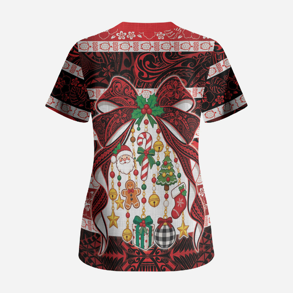Polynesian Hibiscus Tribal Christmas Bow Scrub Top LT9 - Polynesian Pride