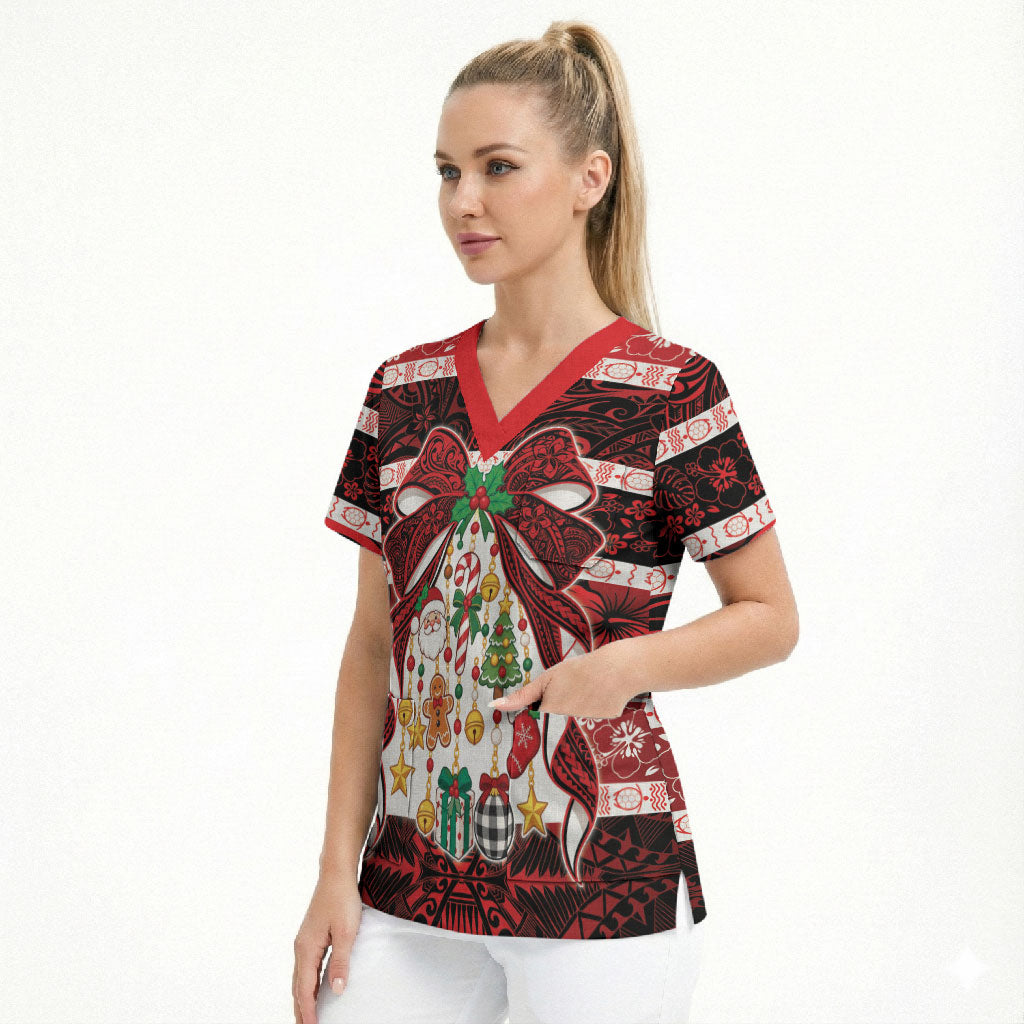 Polynesian Hibiscus Tribal Christmas Bow Scrub Top LT9 - Polynesian Pride