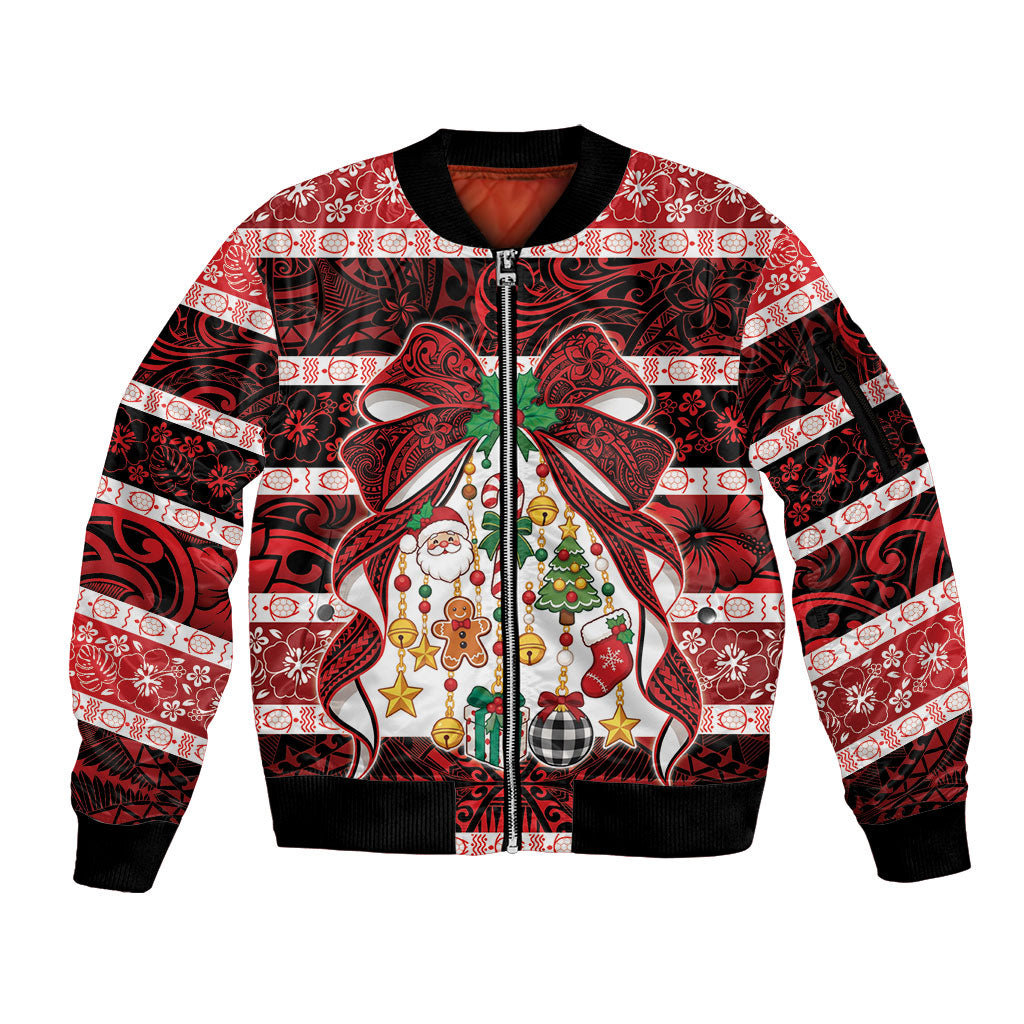 Polynesian Hibiscus Tribal Christmas Bow Sleeve Zip Bomber Jacket