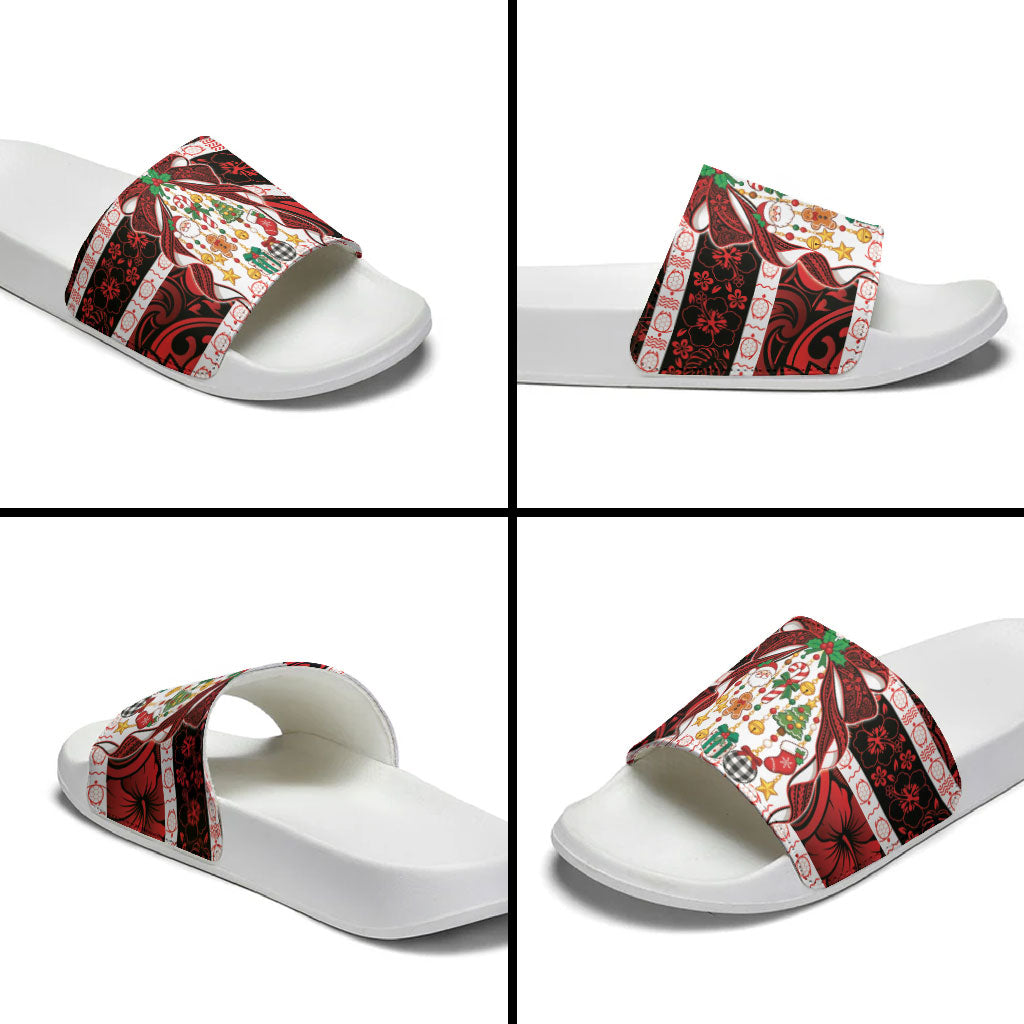 Polynesian Hibiscus Tribal Christmas Bow Slide Sandals