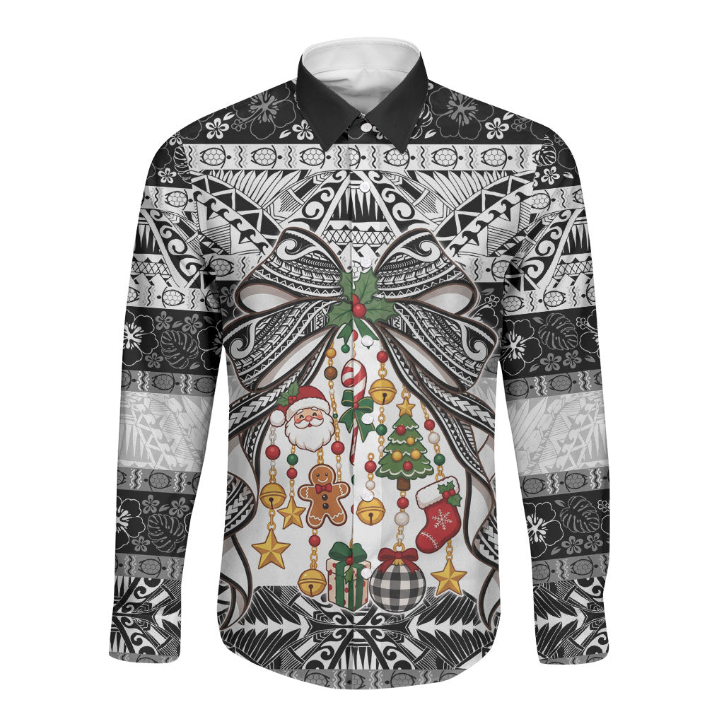 Polynesian Tribal Pattern Christmas Bow Long Sleeve Button Shirt