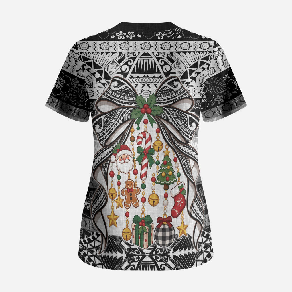Polynesian Tribal Pattern Christmas Bow Scrub Top LT9 - Polynesian Pride