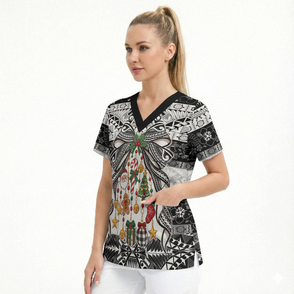 Polynesian Tribal Pattern Christmas Bow Scrub Top LT9 - Polynesian Pride