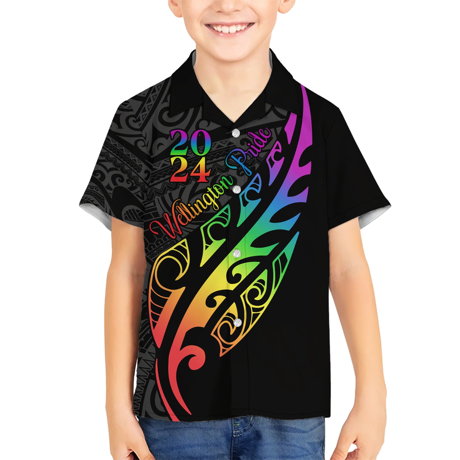 Personalised New Zealand Wellington Pride Kid Hawaiian Shirt Maori Fern with Pride Flag 2024 LT9 Kid Black - Polynesian Pride