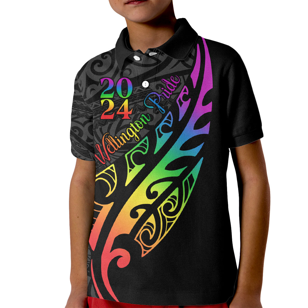 Personalised New Zealand Wellington Pride Kid Polo Shirt Maori Fern with Pride Flag 2024 LT9 Kid Black - Polynesian Pride