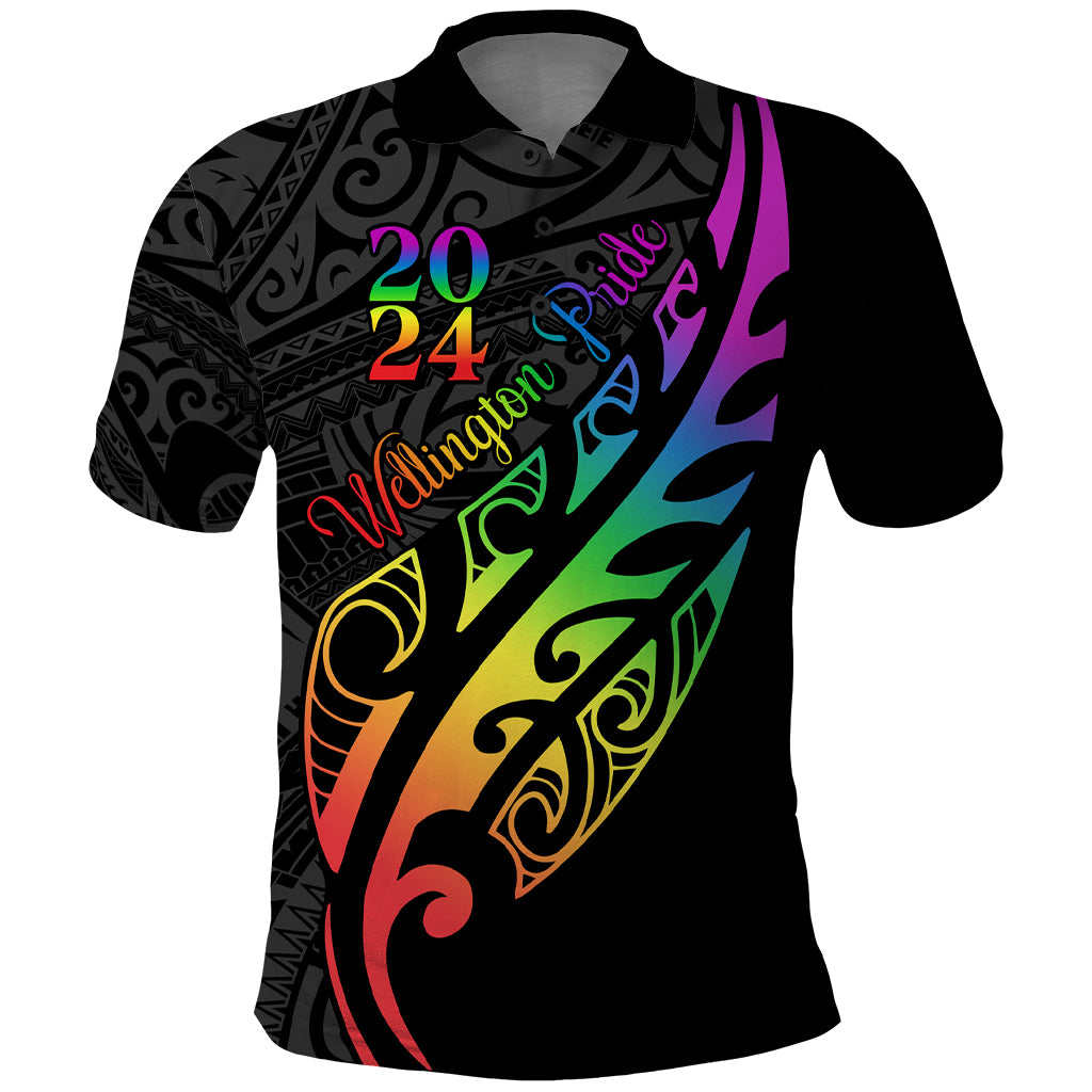 Personalised New Zealand Wellington Pride Polo Shirt Maori Fern with Pride Flag 2024 LT9 Black - Polynesian Pride