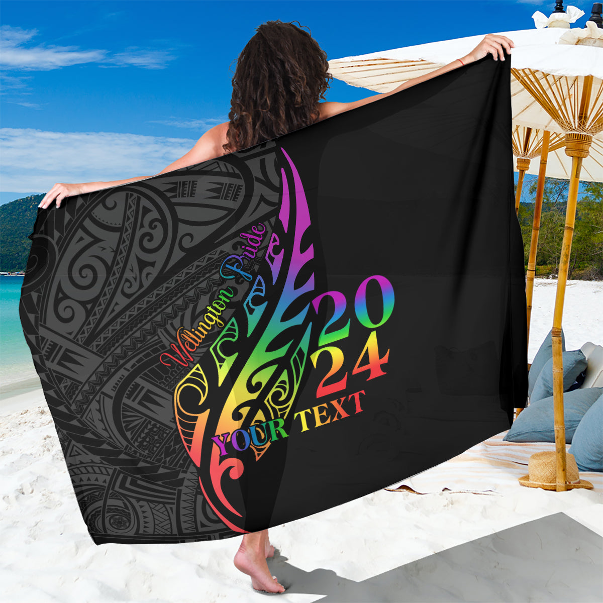 Personalised New Zealand Wellington Pride Sarong Maori Fern with Pride Flag 2024 LT9 One Size 44 x 66 inches Black - Polynesian Pride