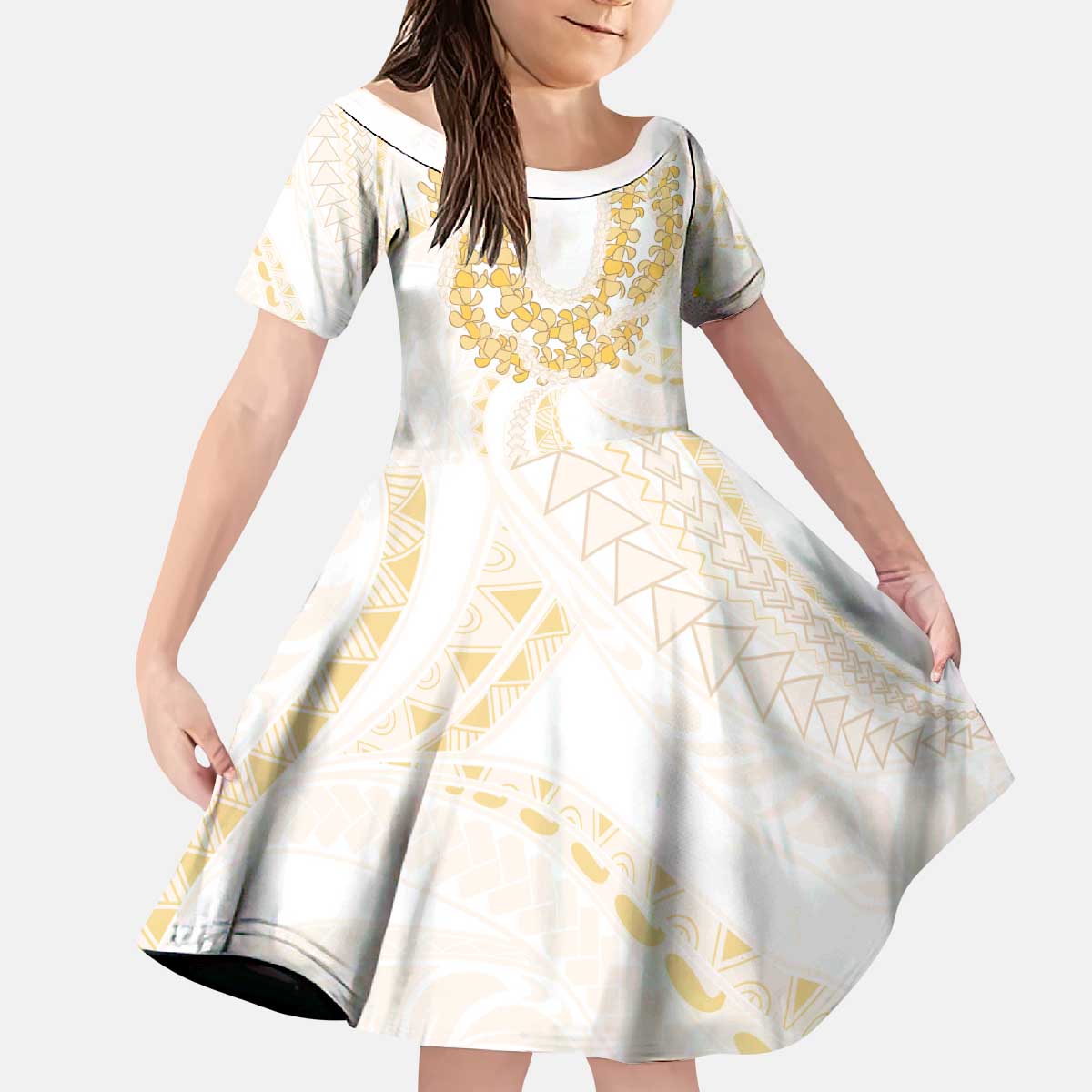 Aloha Lei Onaona Kid Short Sleeve Dress Beige Hawaiian Tribal Pattern LT9 KID Beige - Polynesian Pride