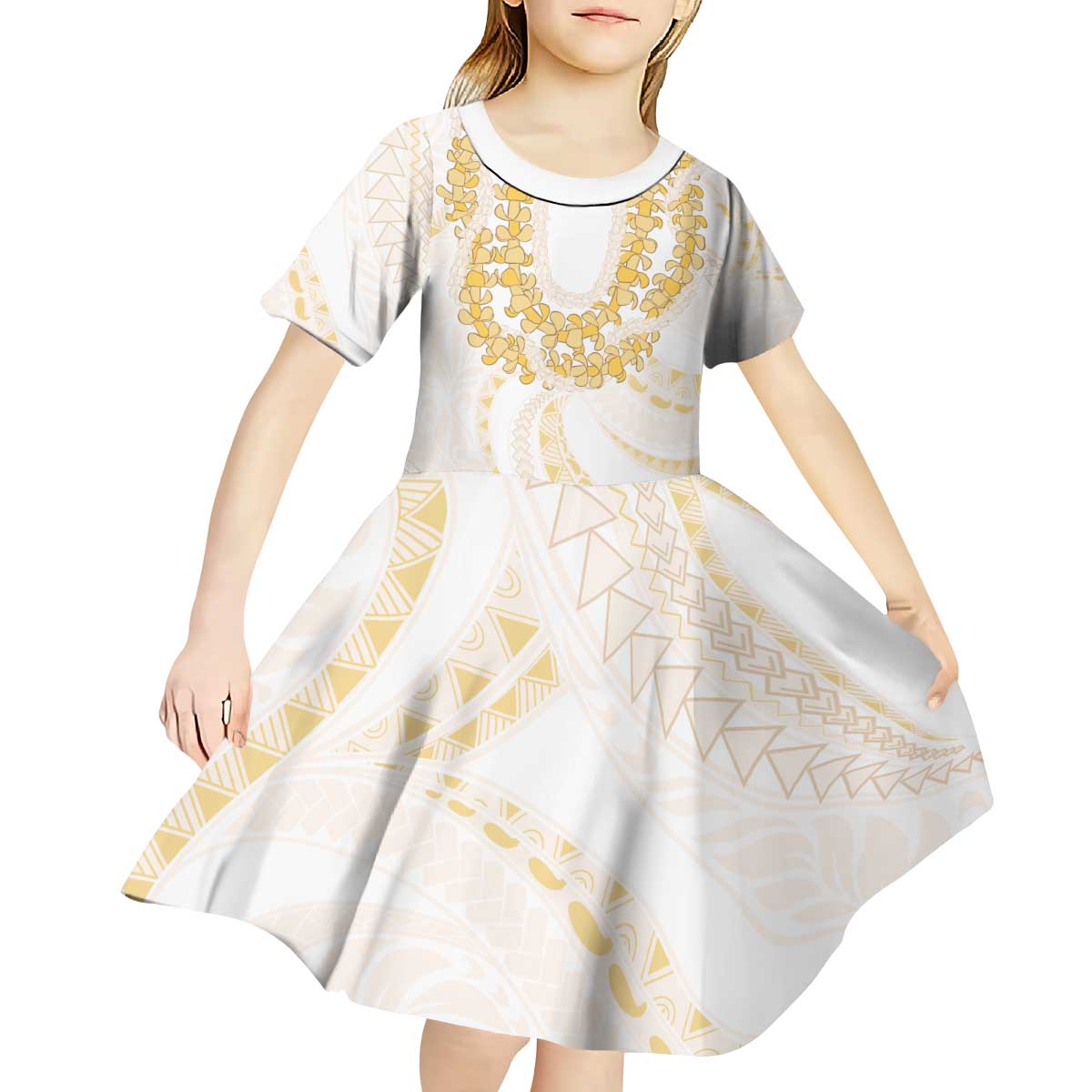 Aloha Lei Onaona Kid Short Sleeve Dress Beige Hawaiian Tribal Pattern LT9 - Polynesian Pride
