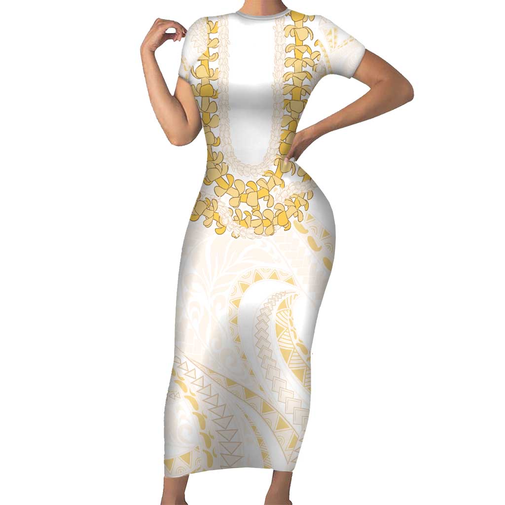 Aloha Lei Onaona Short Sleeve Bodycon Dress Beige Hawaiian Tribal Pattern LT9 Long Dress Beige - Polynesian Pride