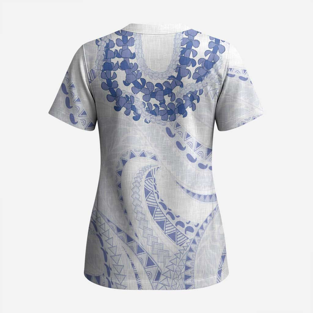 Aloha Lei Onaona Scrub Top Navy Blue Hawaiian Tribal Pattern LT9 - Polynesian Pride