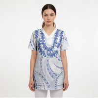 Aloha Lei Onaona Scrub Top Navy Blue Hawaiian Tribal Pattern LT9 - Polynesian Pride