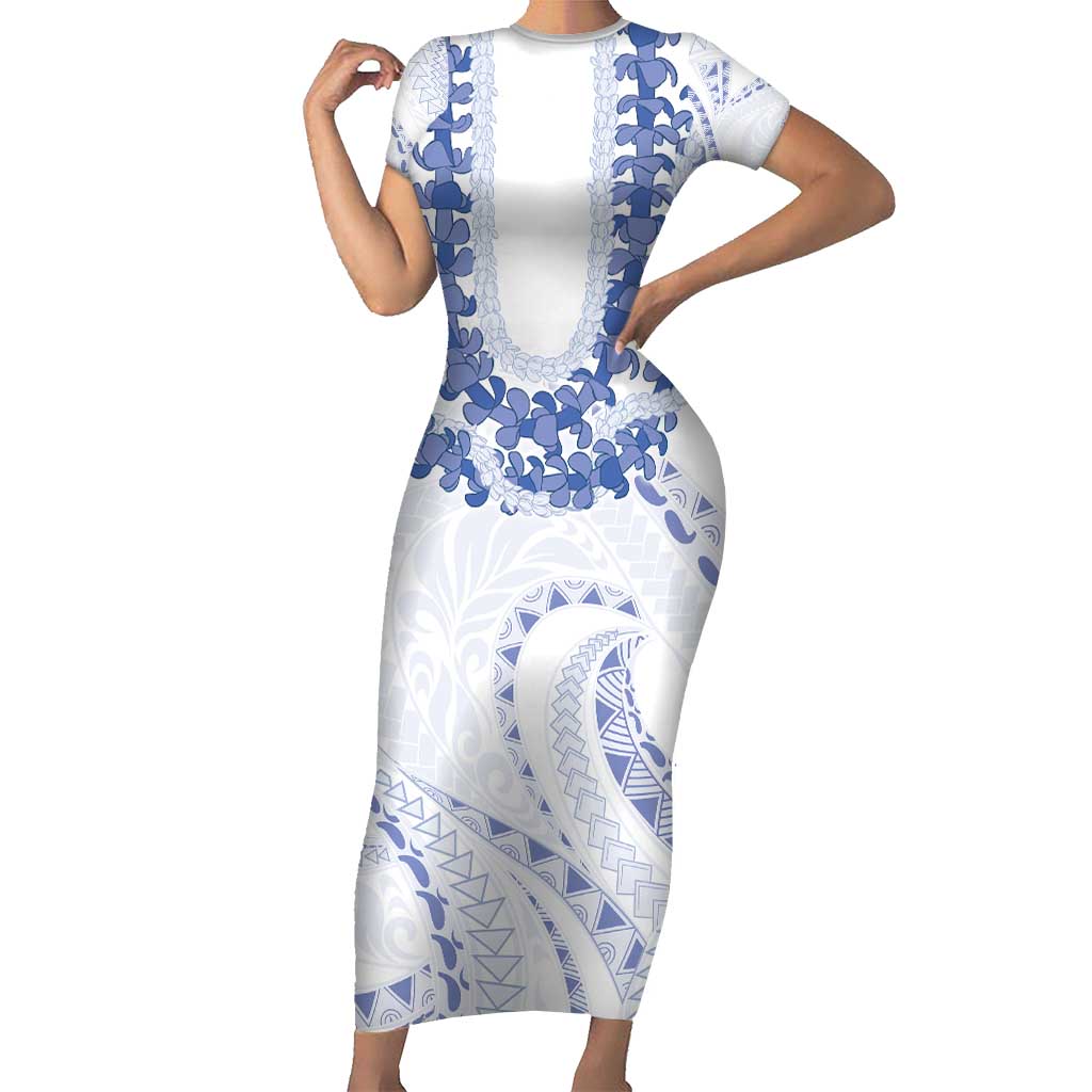 Aloha Lei Onaona Short Sleeve Bodycon Dress Navy Blue Hawaiian Tribal Pattern LT9 Long Dress Blue - Polynesian Pride