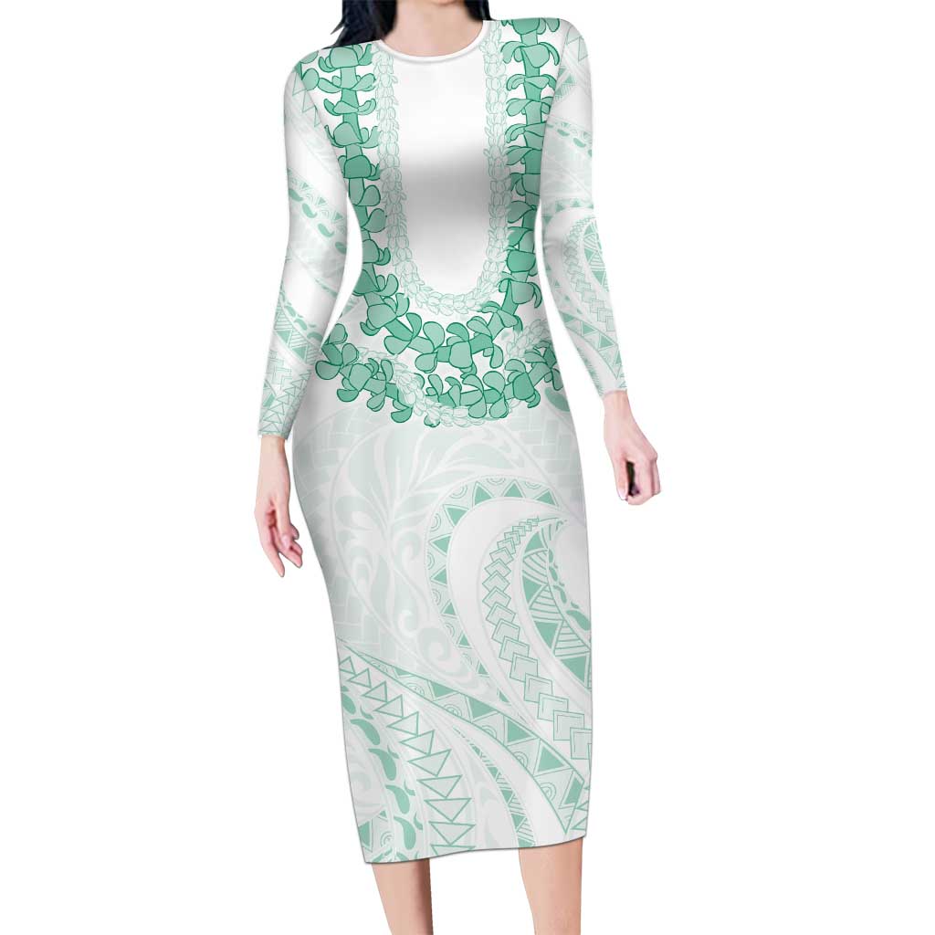 Aloha Lei Onaona Long Sleeve Bodycon Dress Sage Green Hawaiian Tribal Pattern LT9 Long Dress Green - Polynesian Pride