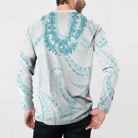 Aloha Lei Onaona Button Sweatshirt Teal Hawaiian Tribal Pattern LT9 - Polynesian Pride